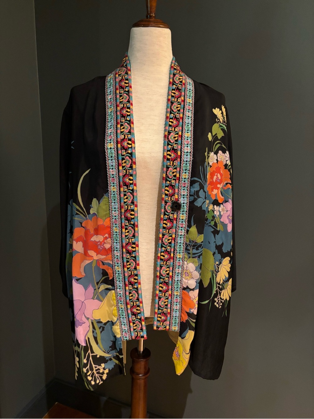 Johnny Was Black Floral Embroidered Robe with Multicolor Trim